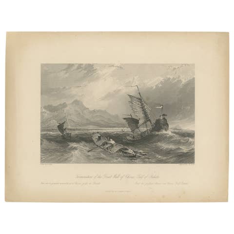 Antique Print of the Great Wall of China and the Gulf of Pecheli by Wright, 1843