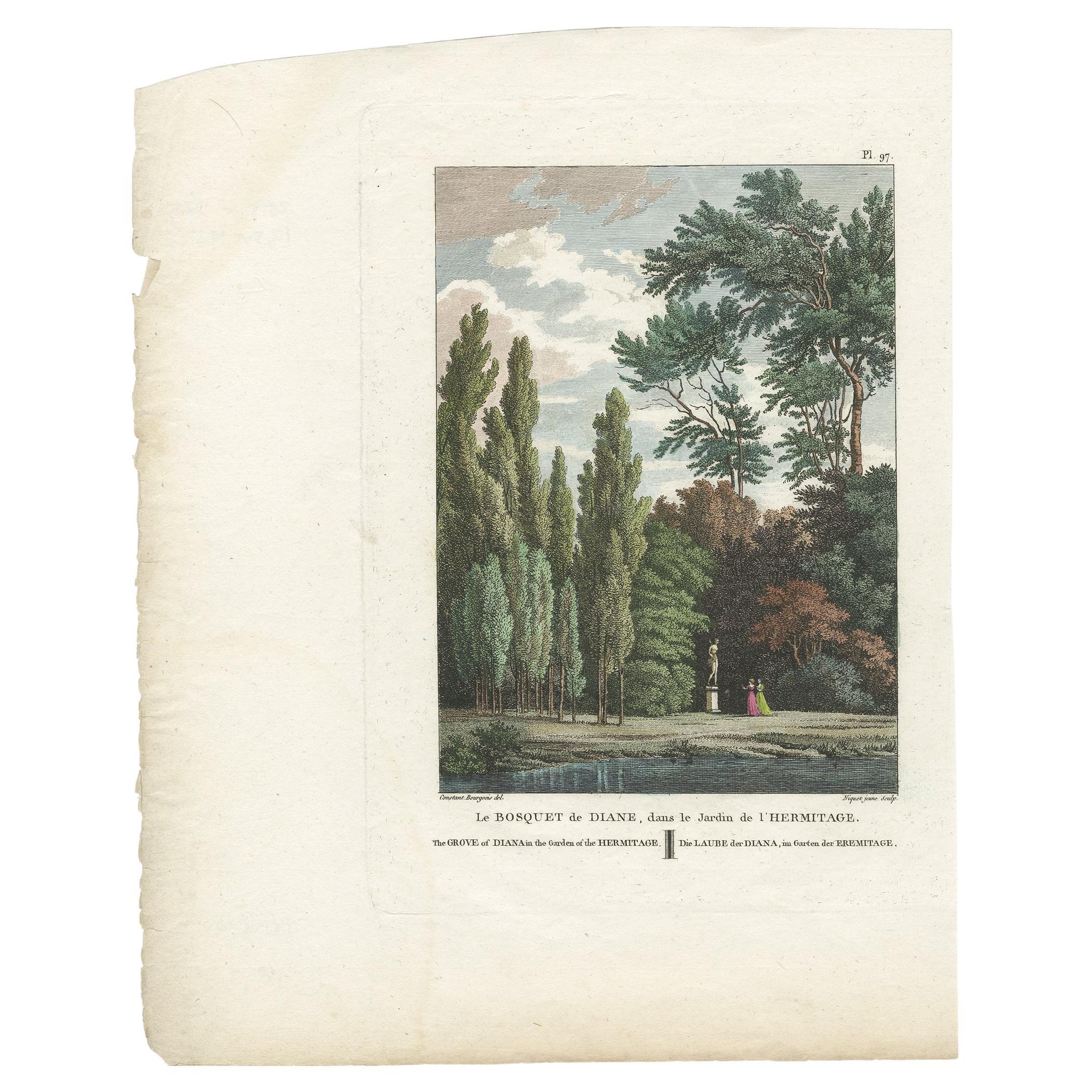 Antique Print of the Grove of Diana in the Garden of the Hermitage