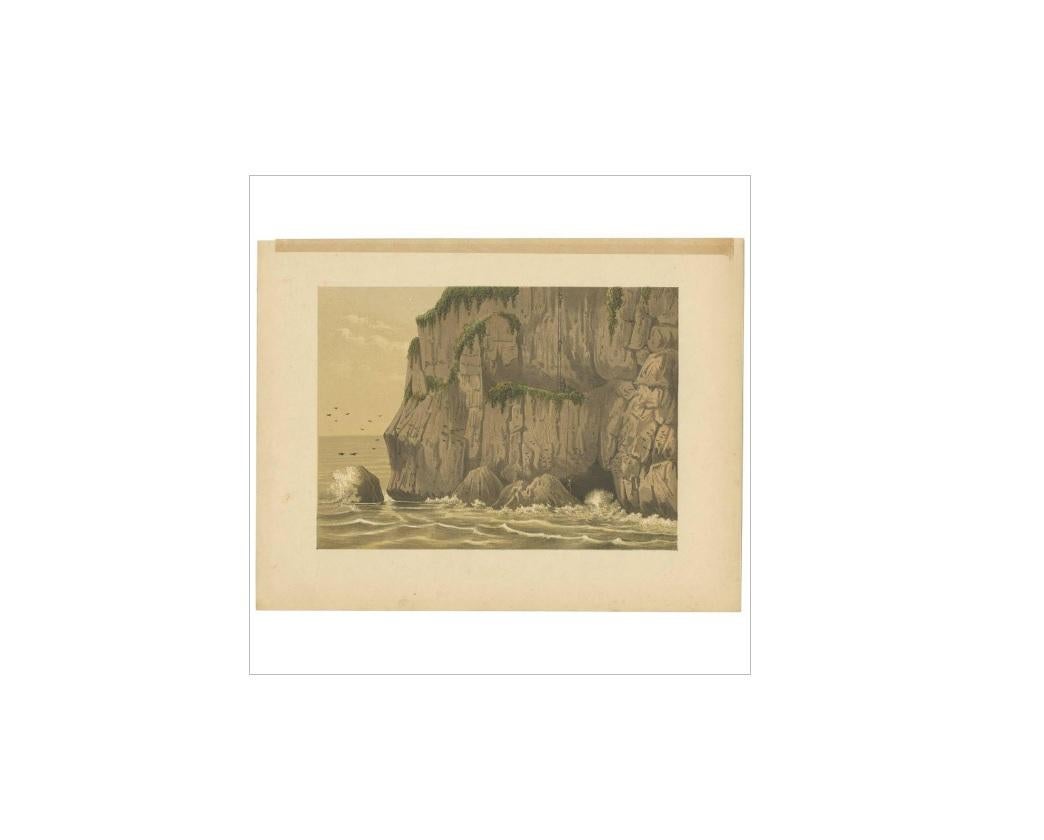 Antiker Druck des Berges Gunung Balong auf Java, Indonesien. Es zeigt auch Chinesen bei der Suche nach Vogeleiern. Dieser Druck stammt aus 'Het Kamerlid van Berkestein in Nederlandsch-Indie.', (Übersetzung: van Berkestein, Mitglied des
