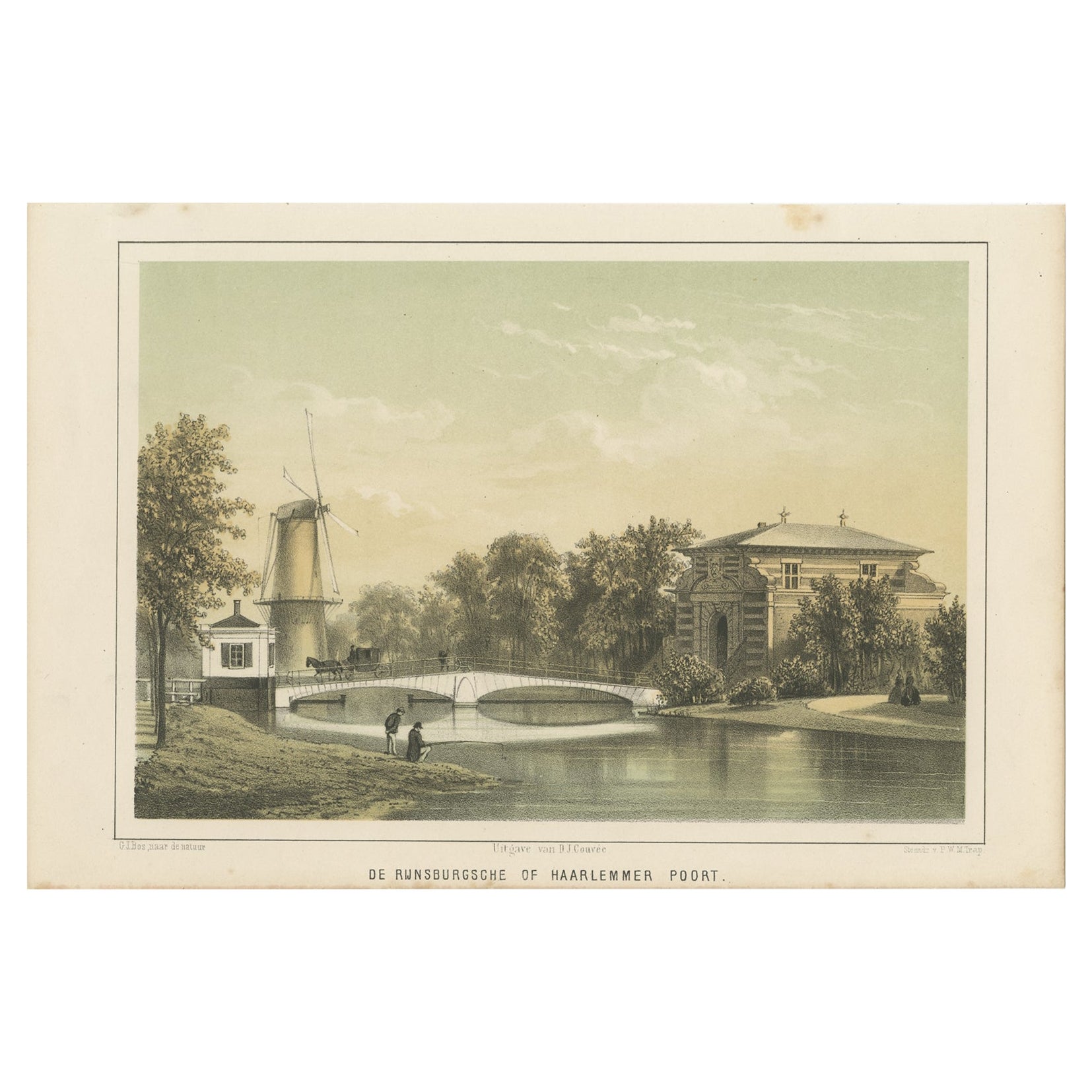 Antiker Druck des Haarlemmerpoort von Leiden in den Niederlanden, 1859