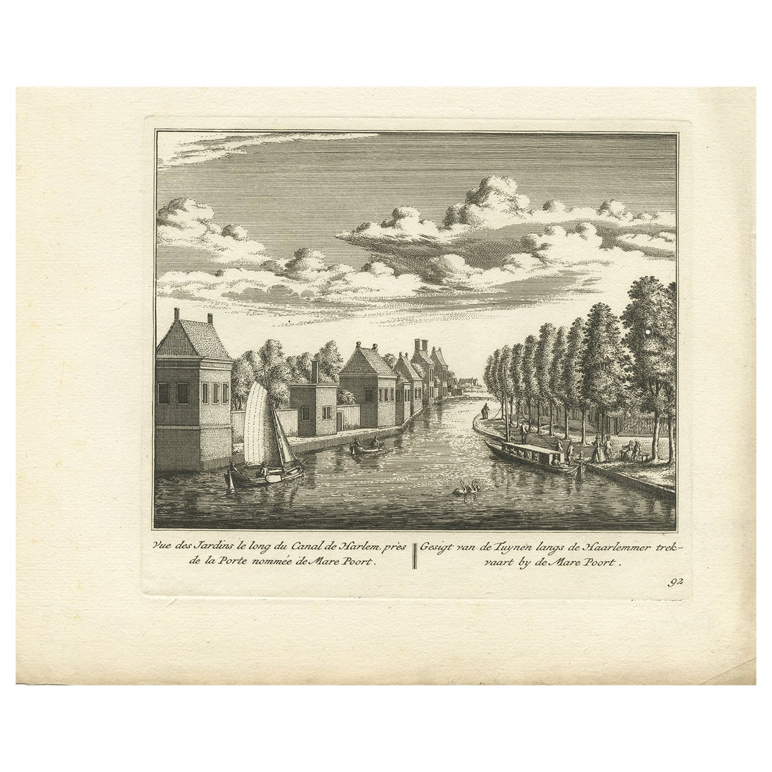Ancienne estampe du canal "Haarlemmertrekvaart" des Pays-Bas, vers 1800