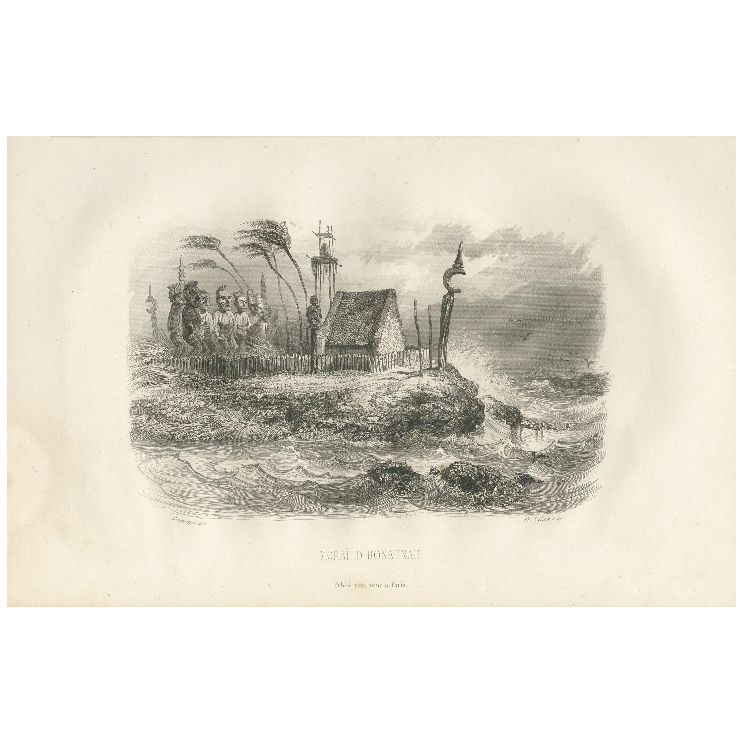 Impression ancienne du Hale o Keawe d'Hawaï, par D'Urville, 1853 en vente