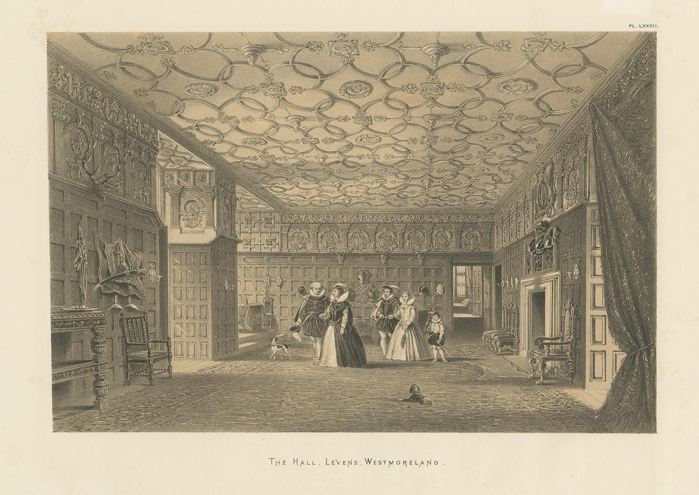 Antique print titled 'The Hall. Levens. Westmoreland'. Lithograph of the hall of Levens Hall. Levens Hall is a manor house in the Kent valley, near the village of Levens and 5 miles (9 km) south of Kendal in Cumbria, Northern England. This print