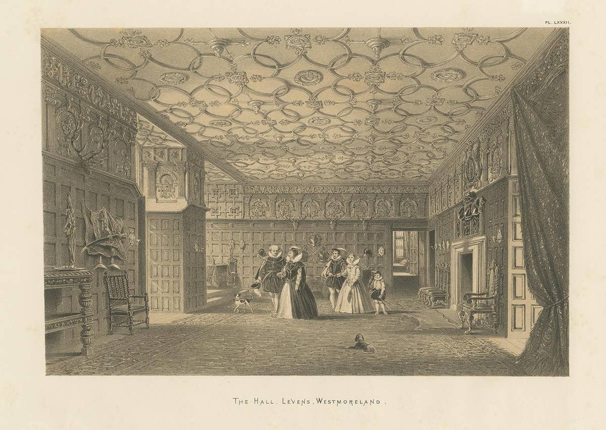 Antique Print of the Hall of Levens Hall by Nash, circa 1870