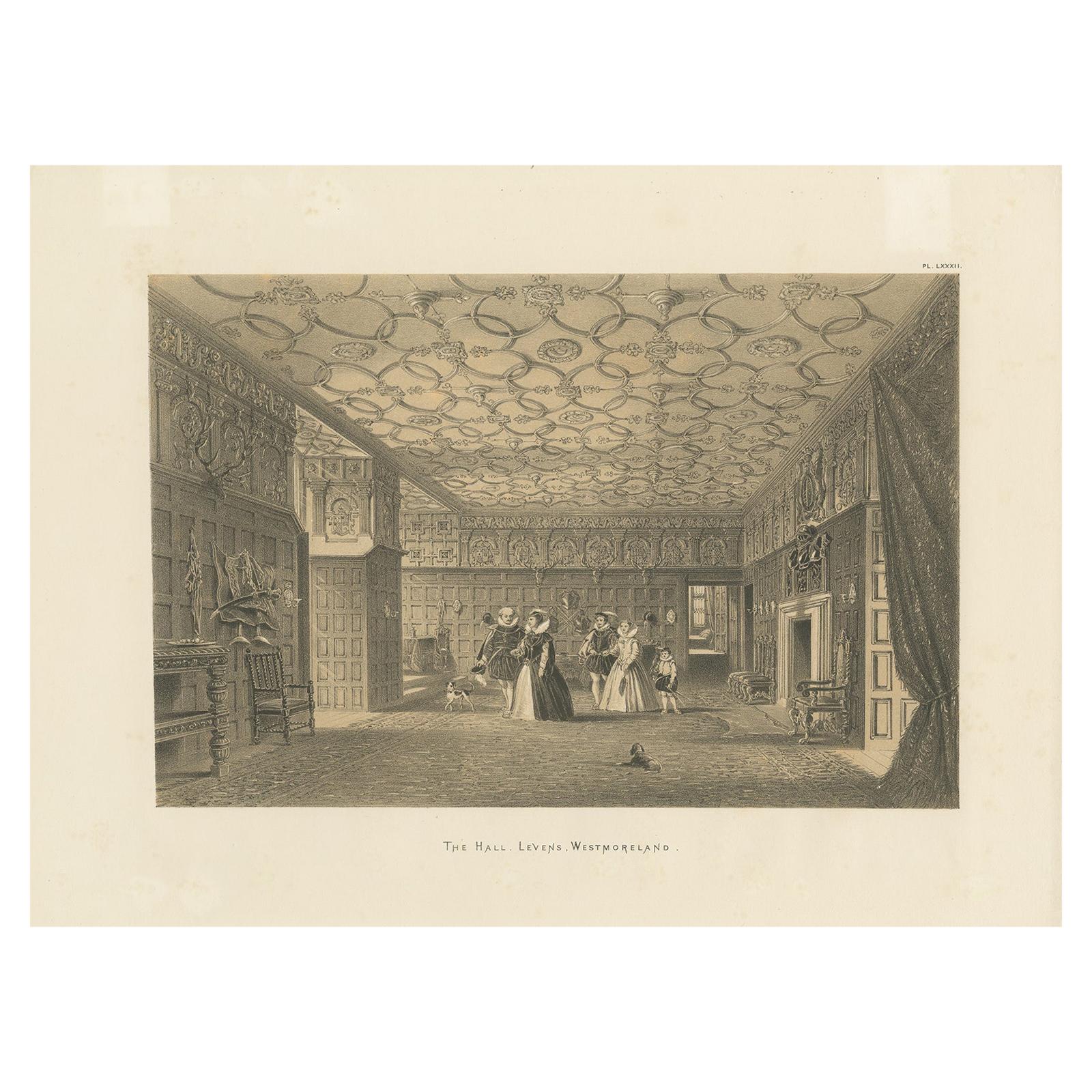 Antique Print of the Hall of Levens Hall by Nash, circa 1870