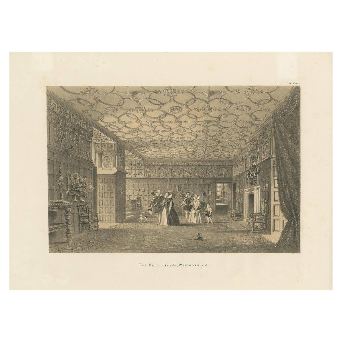Antique Print of the Hall of Levens Hall by Nash, circa 1870