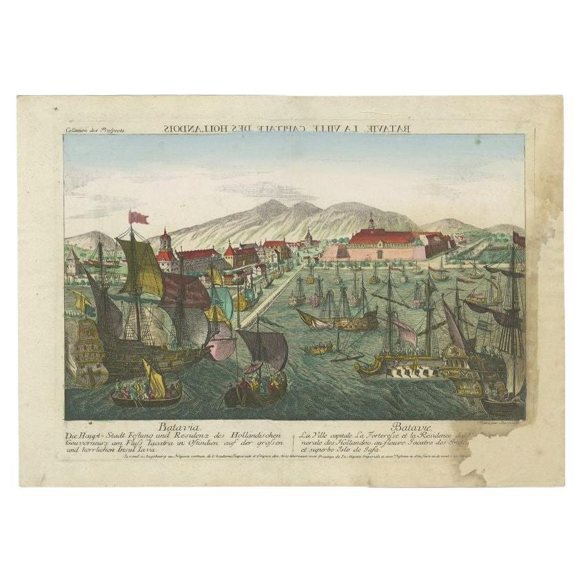 Grabado antiguo del puerto de Batavia por Probst, c.1760