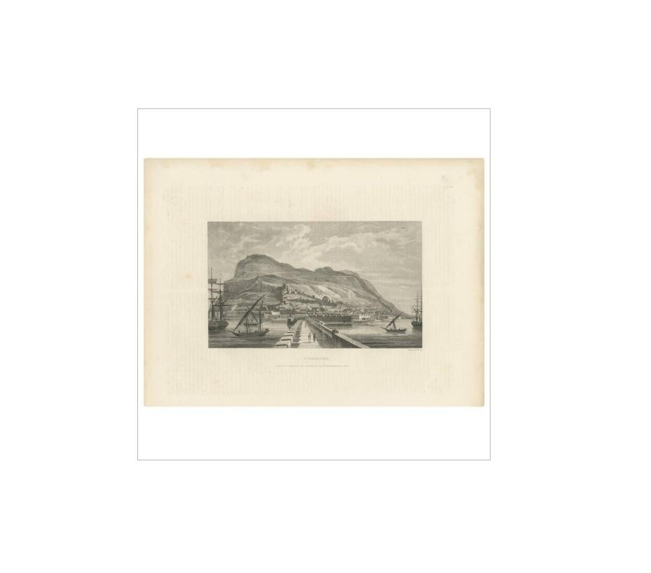 Antique print titled 'Gibraltar'. The engraving shows ships and sailing vessels entering and anchored in the harbour. Published in London by Thomas Kelly, circa 1840.