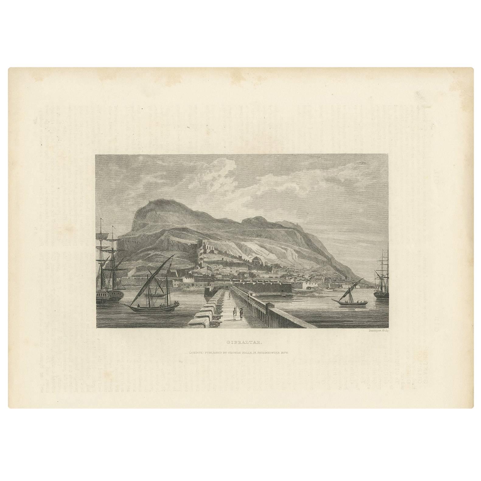 Stampa antica del porto di Gibilterra di S. Davenport, 1840 circa