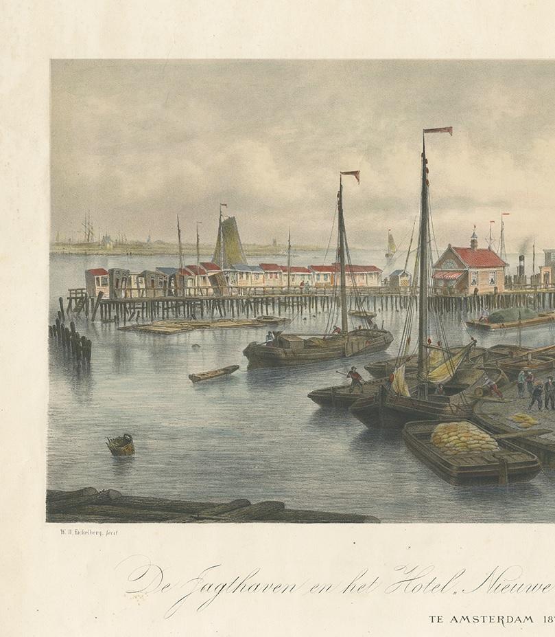 Dutch Antique Print of the Harbour of the IJ 'Amsterdam' by Stemler '1871' For Sale