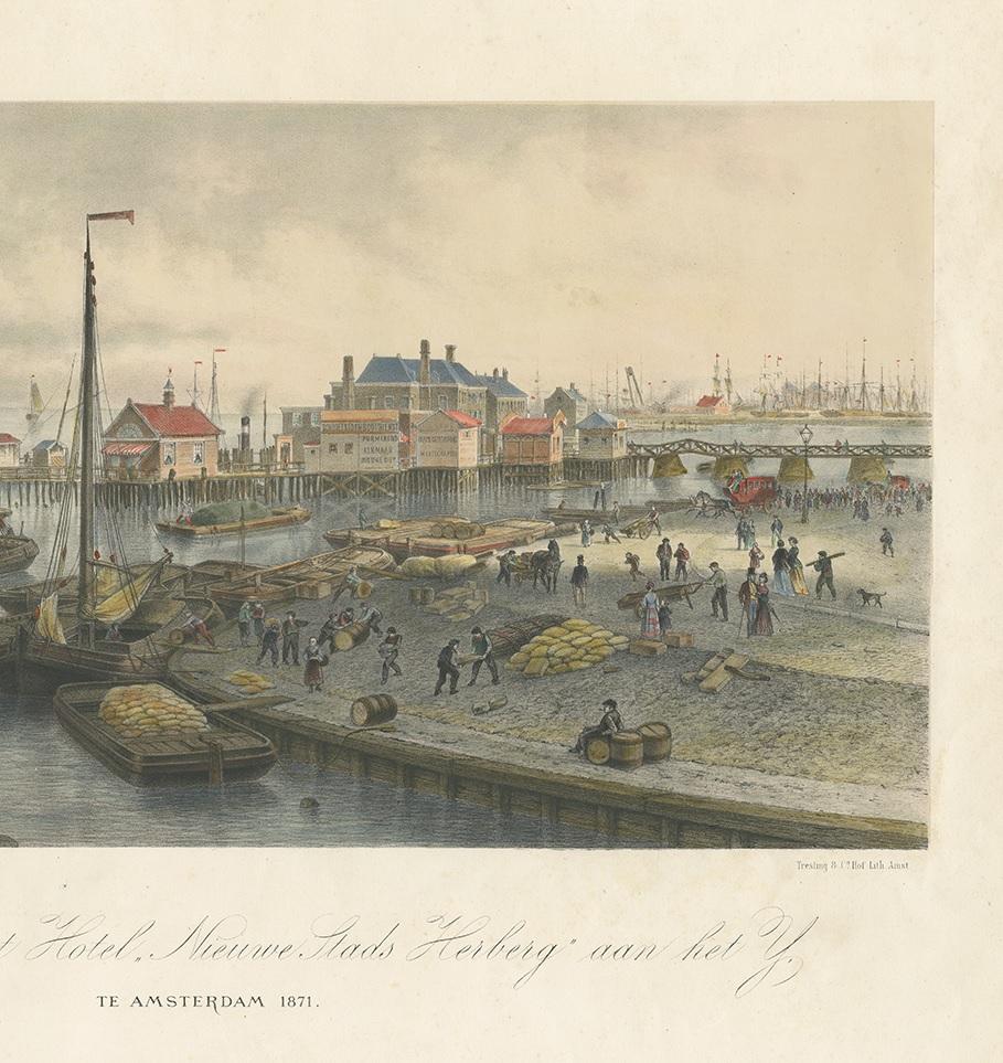 Antique Print of the Harbour of the IJ 'Amsterdam' by Stemler '1871' In Good Condition For Sale In Langweer, NL