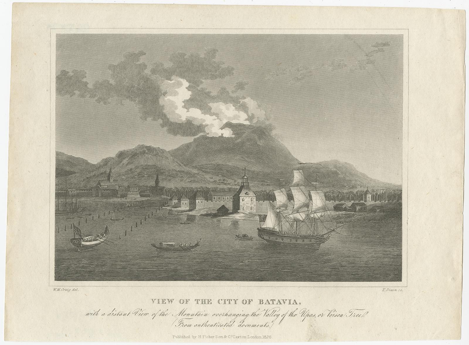 Description: Antique print titled 'View of the City of Batavia'. Old print with a view of the city of Batavia (Jakarta), Indonesia. 

In the background Genung Salak or Salak Mountain, near Buitenzorg or nowadays Bogor. In the front a ship with the
