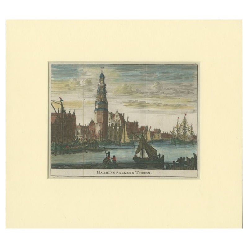 Antiker antiker Druck des „Haringpakkerstoren“ in Amsterdam von Ratelband, 1737