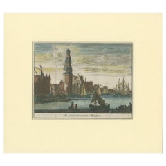 Antiker antiker Druck des „Haringpakkerstoren“ in Amsterdam von Ratelband, 1737