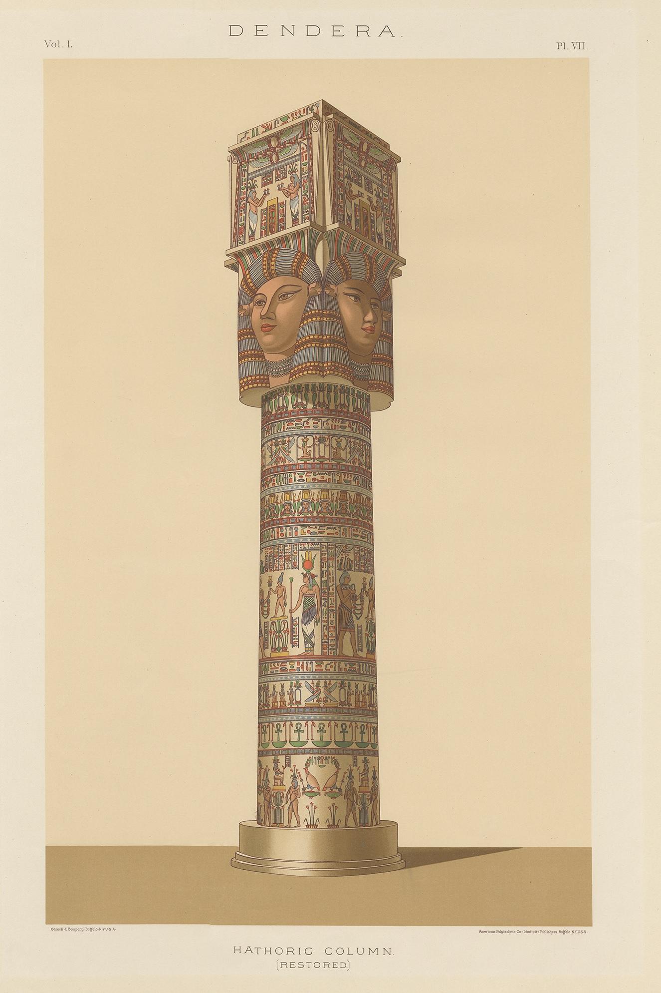 Large lithograph of the Hathoric column of the portico of the Temple of Dendera. This print originates from 'Ancient Egypt or Mizraim' by S.A. Binion, 1887.