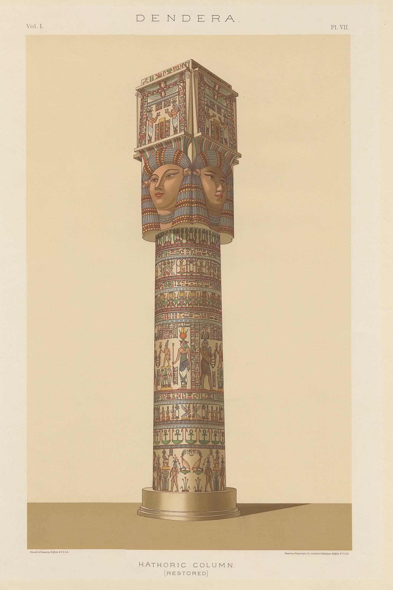Gran litografía de la columna Hatórica del pórtico del Templo de Dendera. Este grabado procede de 