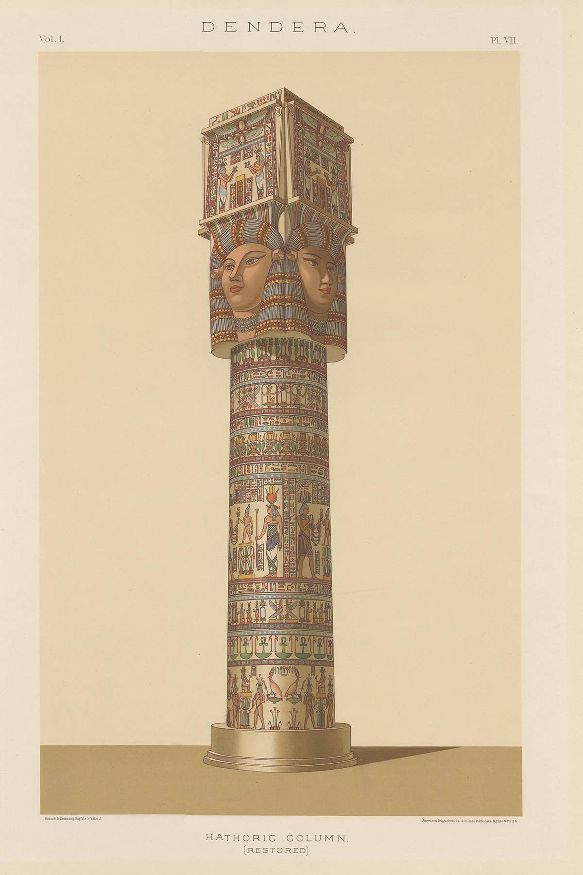 Antique Print of the Hathoric Column of the Portico of the Temple of Dendera