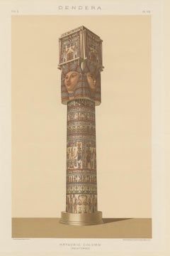 Impression ancienne de la colonne Hathorique du Portico du Temple de Dendera