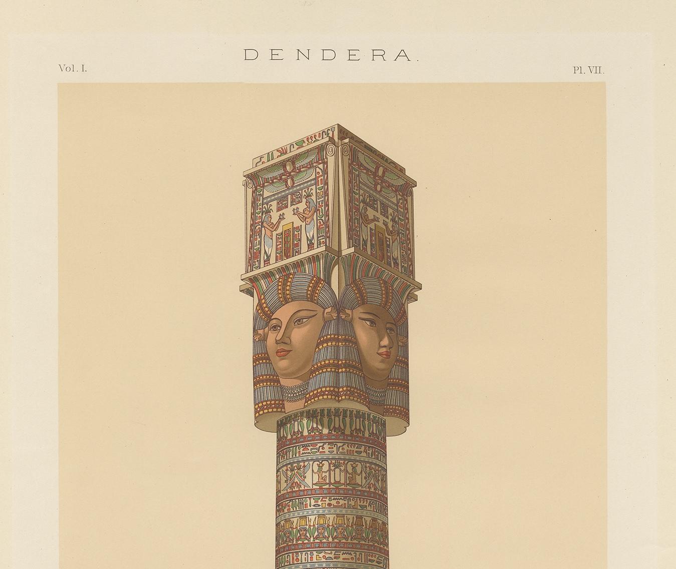 Grabado antiguo de la Columna Hatórica del Pórtico del Templo de Dendera en Bueno estado para la venta en Langweer, NL