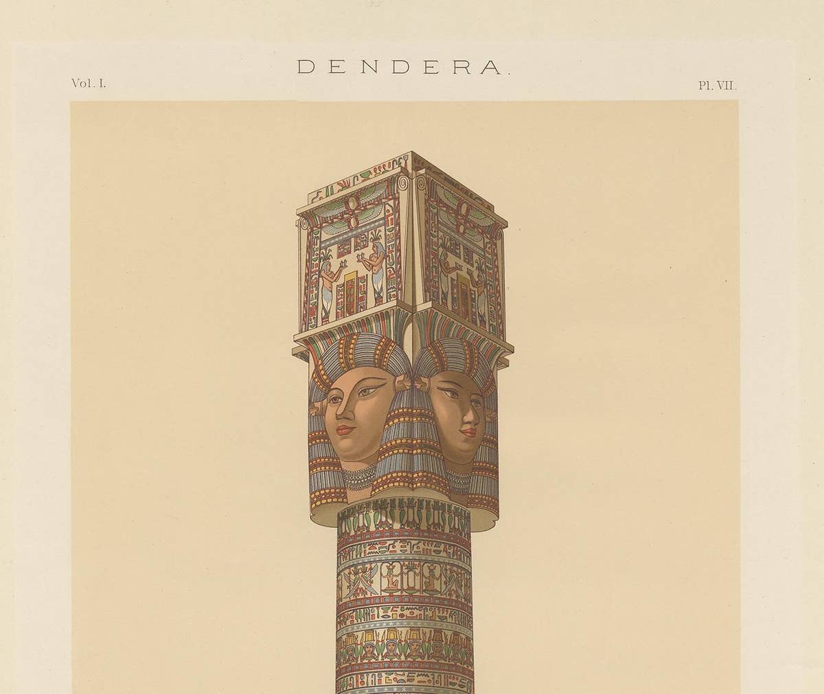 Antique Print of the Hathoric Column of the Portico of the Temple of Dendera