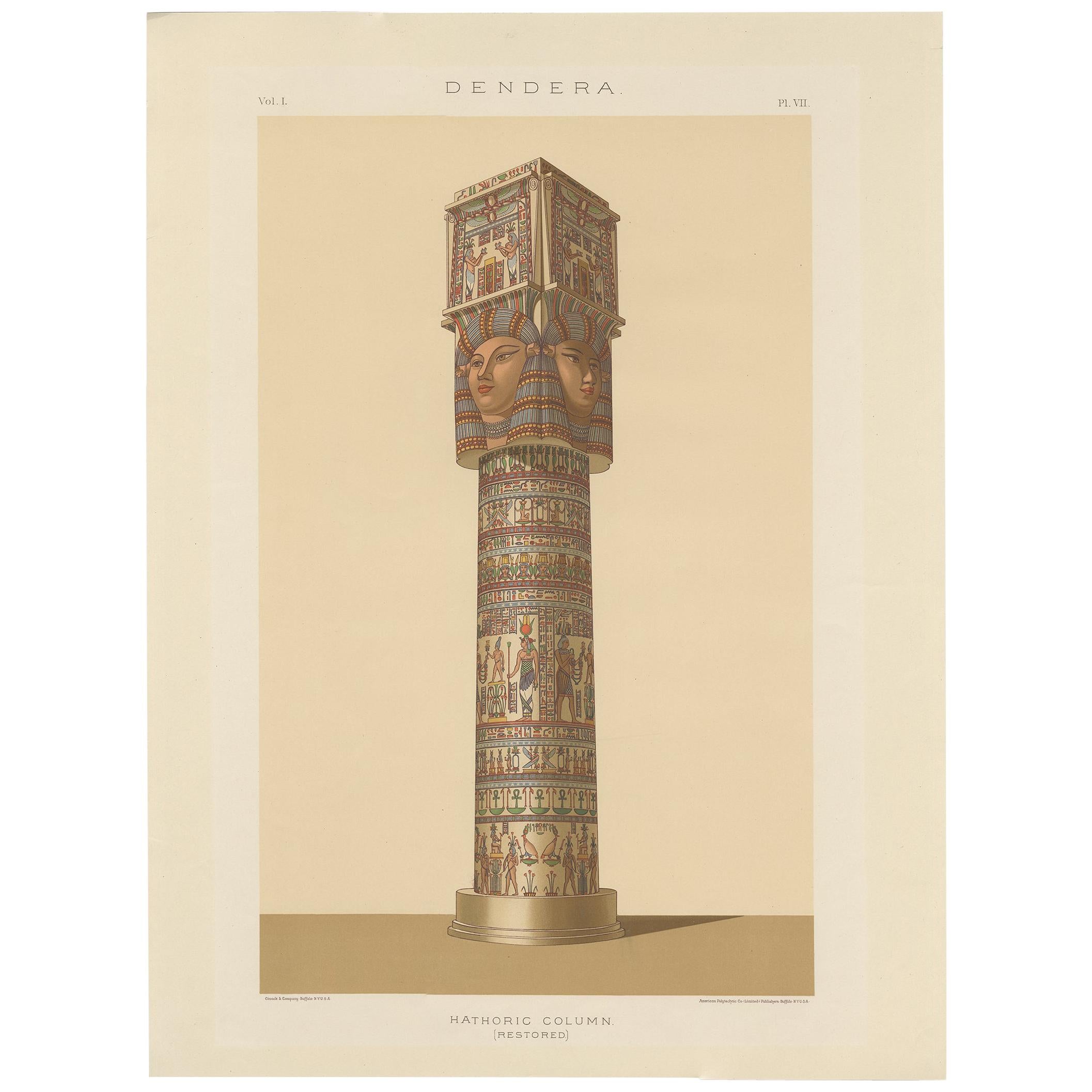 Antique Print of the Hathoric Column of the Portico of the Temple of Dendera