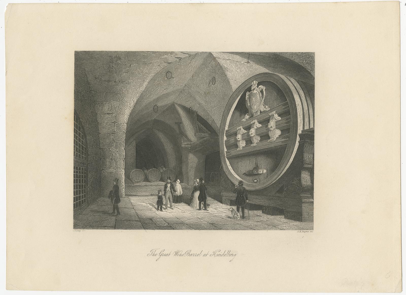 Antique print titled 'The Great Wine Barrel at Heidelberg'. Original antique print of the Heidelberg Tun, or Great Heidelberg Tun, is an extremely large wine vat contained within the cellars of Heidelberg Castle. Engraved by Payne after Chapray.
