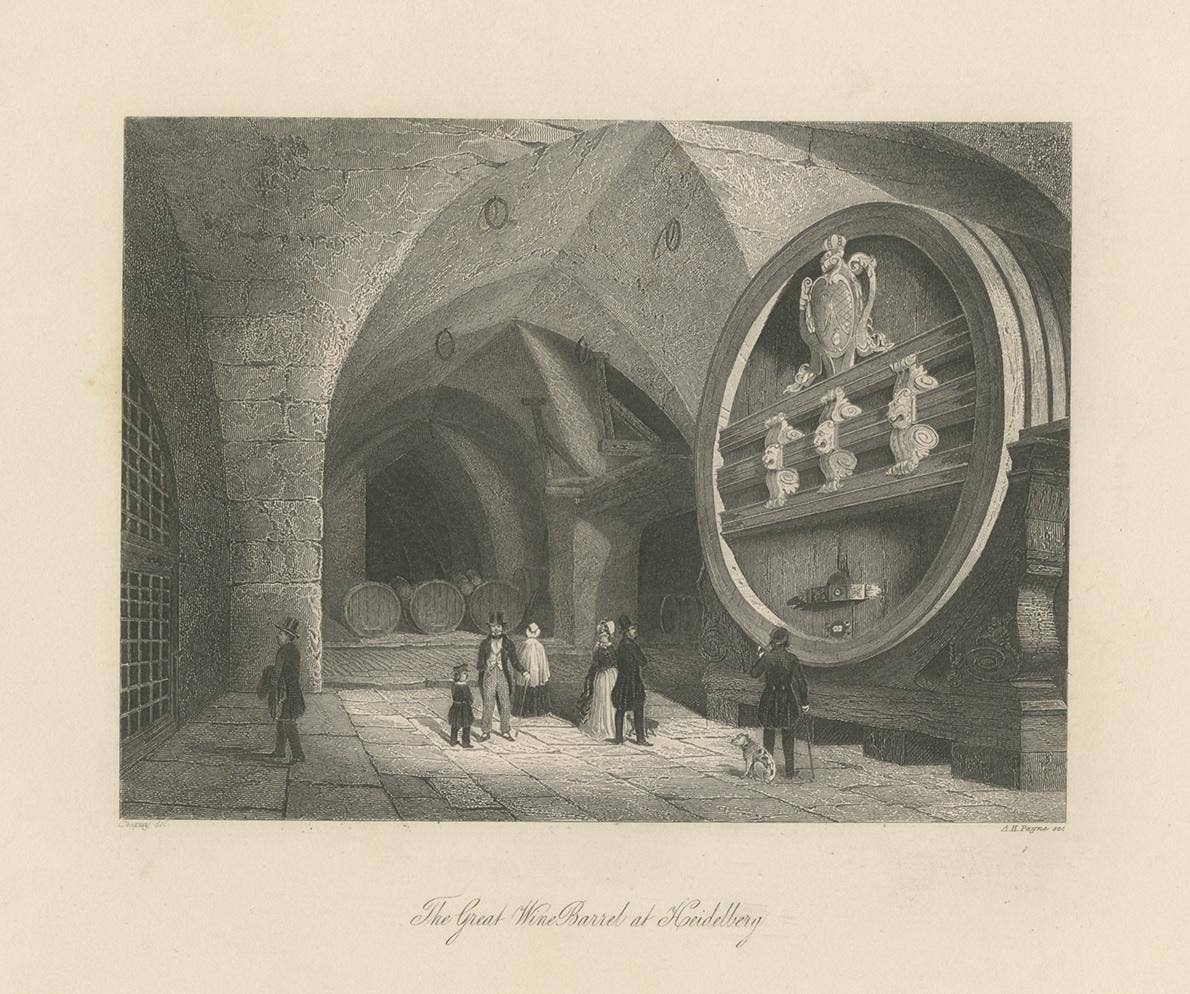 Antique Print of the Heidelberg Tun, World's Largest Wine Barrel
