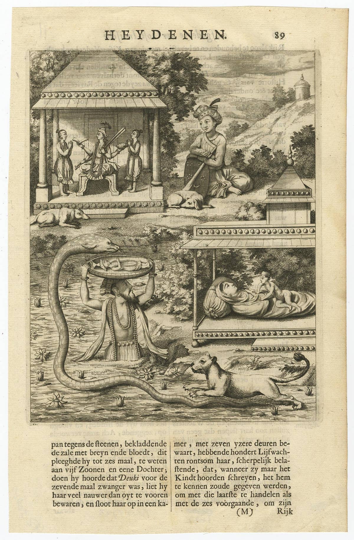 Antique Print of the Hindu God Vishnu Incarnated as Krishna, 1672