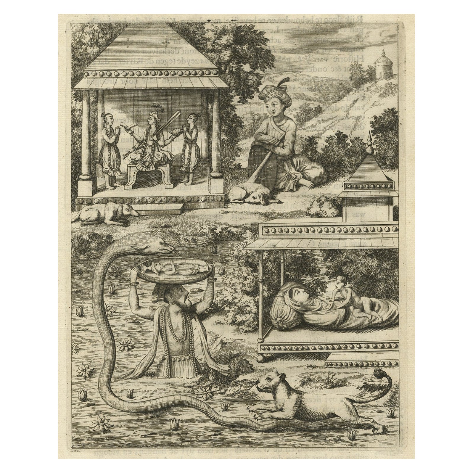 Impression ancienne du dieu hindou Vishnu incarné comme Krishna, 1672