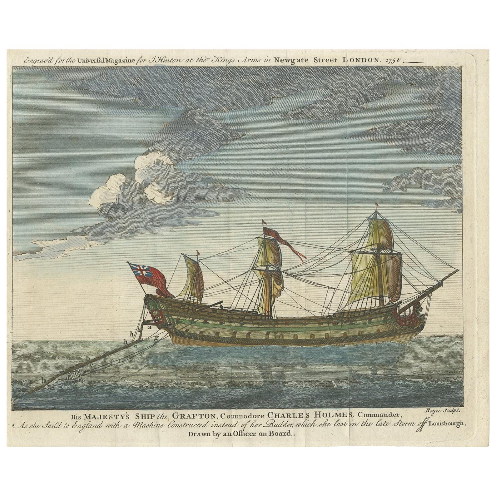 Antique Print of the HMS Grafton Ship by Boyce, 1758