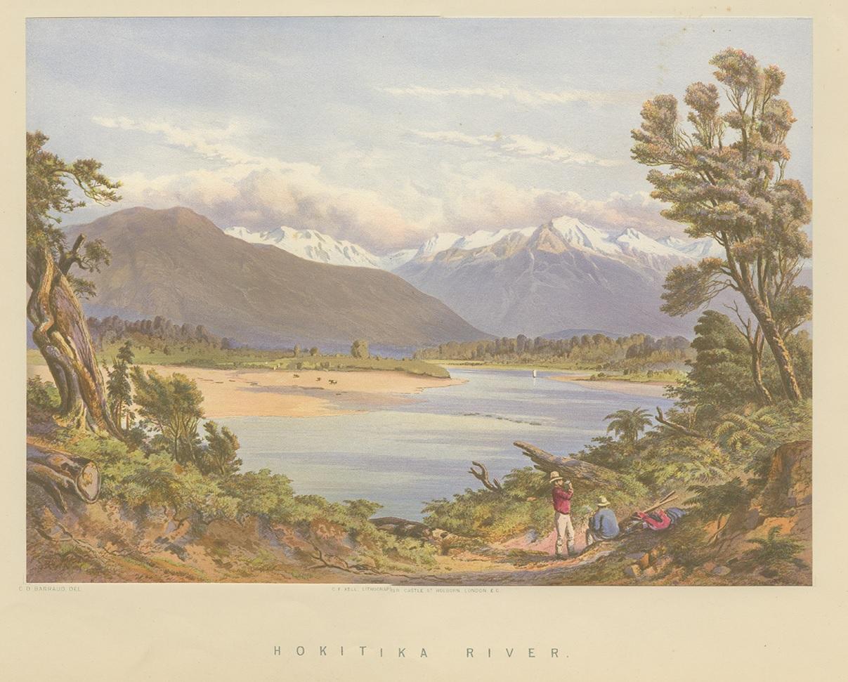 Antique print titled 'Hokitika River'. View of the Hokitika River, New Zealand. Lithographed by C.F. Kell after a drawing by Barraud. This print originates from 'New Zealand: Graphic and Descriptive', circa 1877.