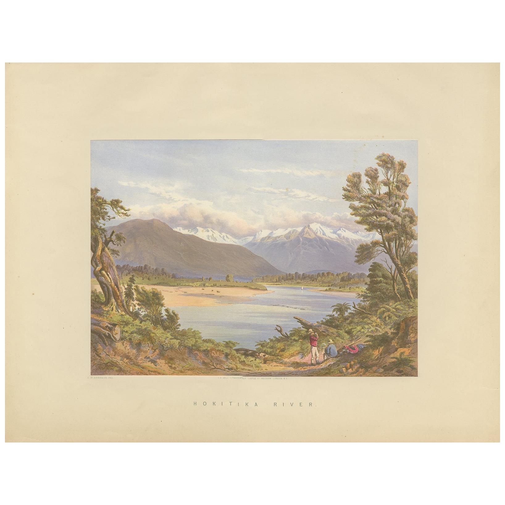 Impression ancienne de la rivière Hokitika "Nouvelle-Zélande" par Kell, vers 1877 en vente