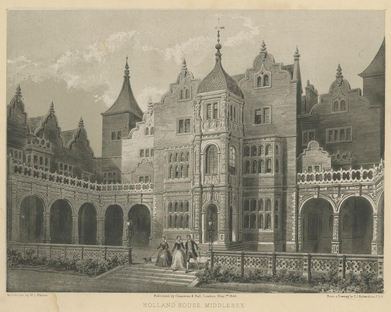 Antique print titled 'Holland House, Middlesex'. View of the Holland House in Middlesex. This print originates from Hall's 'Baronial Halls and Picturesque Edifices of England'.