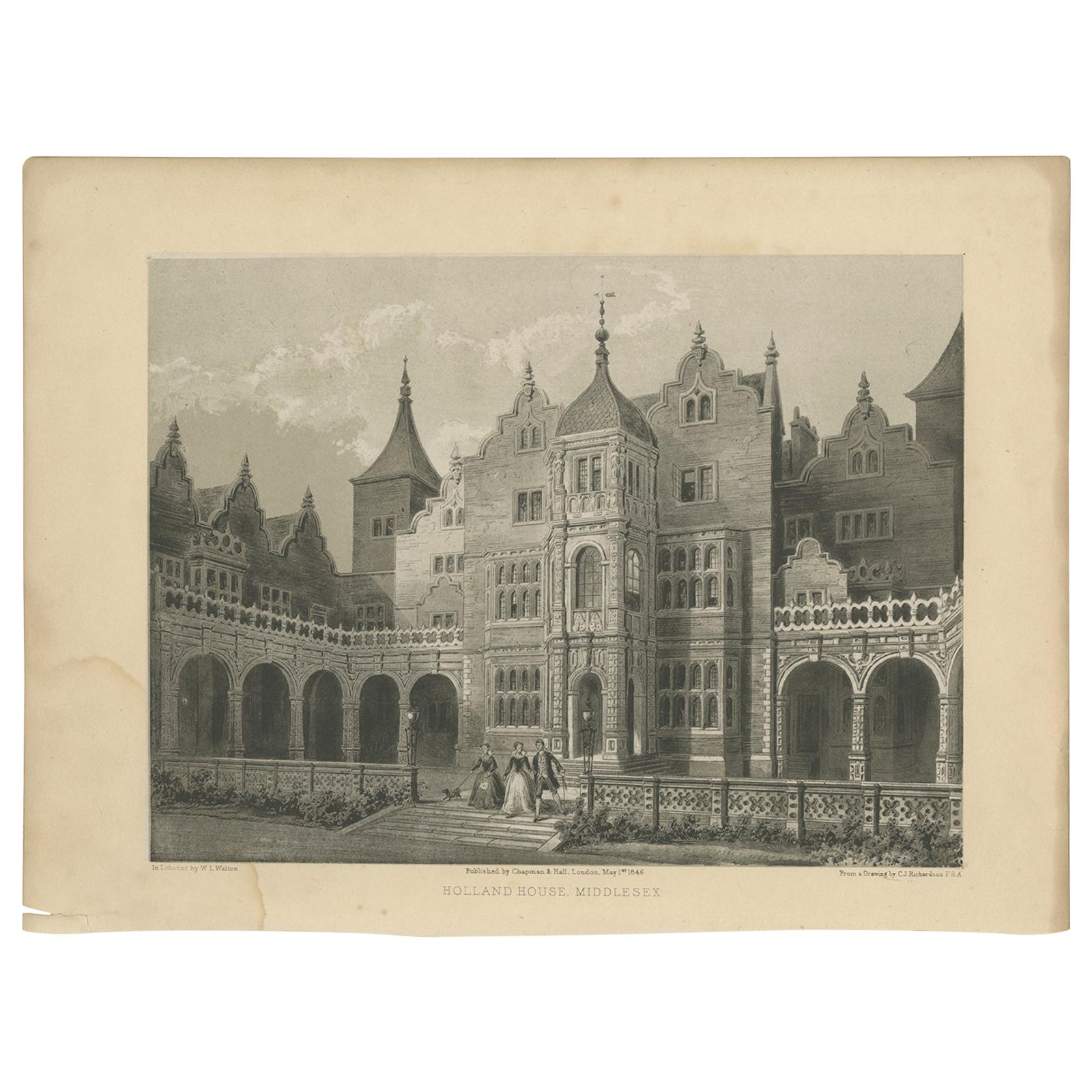 Stampa antica della Holland House nel Middlesex di Hall, 1846