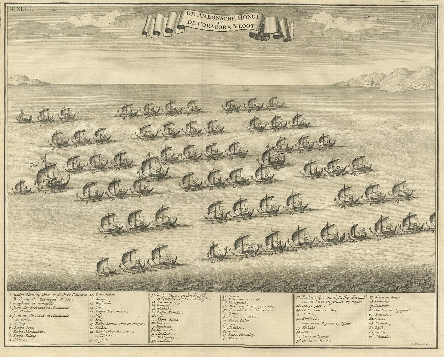 Antique print titled 'De Ambonsche Hongi of de Coracora-Vloot'. The Hongi or Coracora fleet from Ambon (Amboine), Indonesia. Below the image there is a numbered key (1-66) with the names of the ships. This print originates from 'Oud en Nieuw