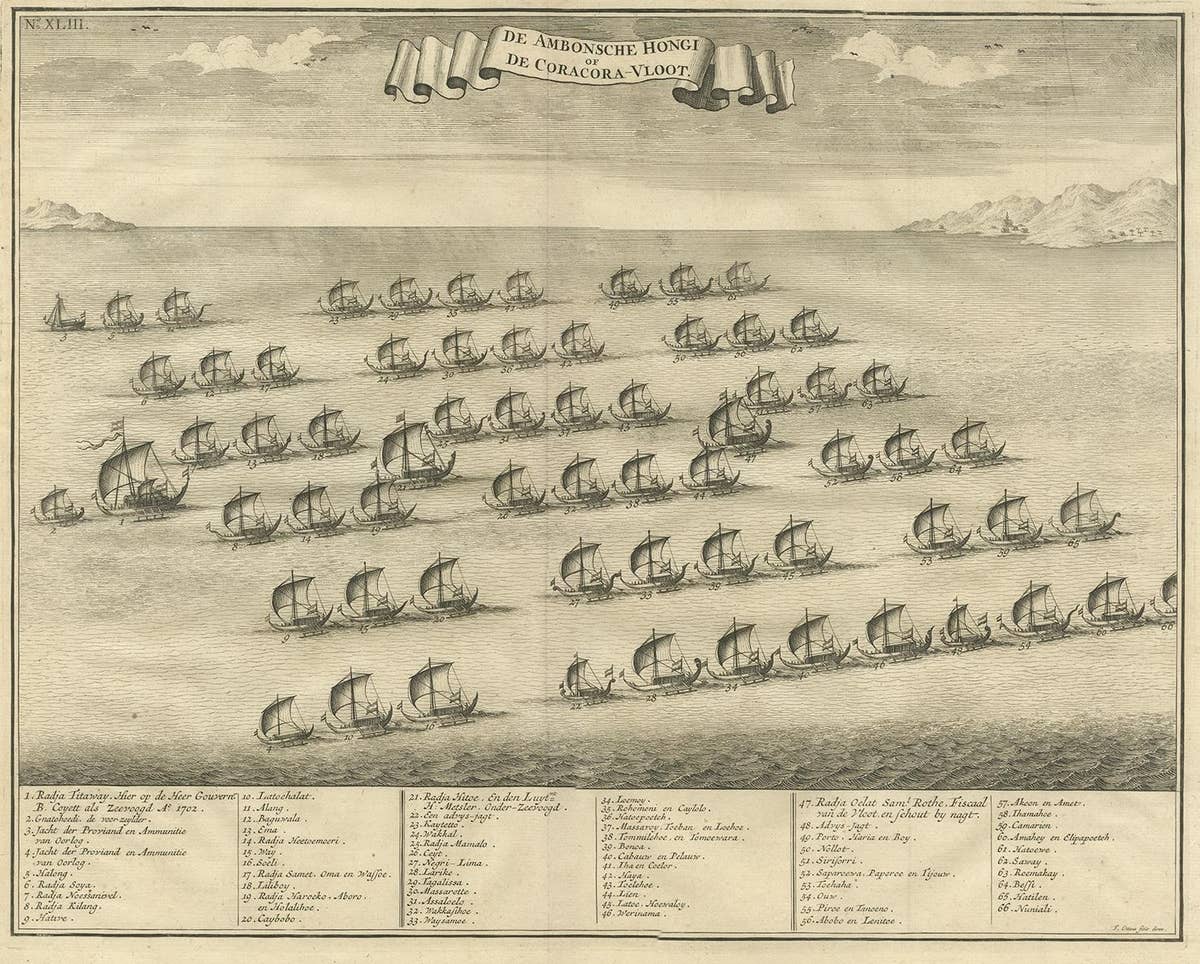 Antique Print of the Hongi/Coracora Fleet by Valentijn '1726'