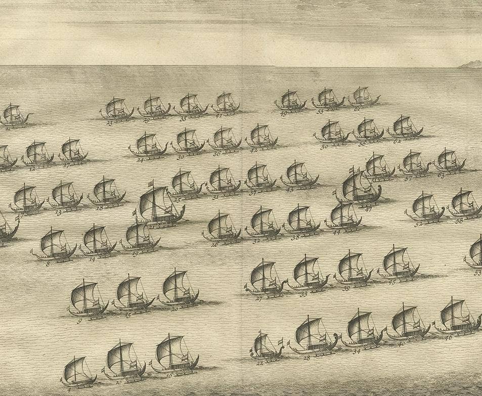Antique Print of the Hongi/Coracora Fleet by Valentijn '1726'
