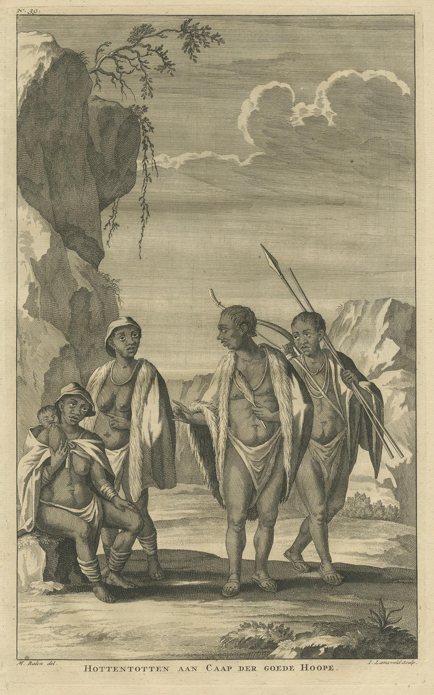 Antique print titled 'Hottentotten aan Caap der Goede Hoope'. Print depicting the Khoikhoi of Cape of Good Hope, Africa. Including two text pages. This print originates from 'Oud en Nieuw Oost-Indiën' by F. Valentijn.