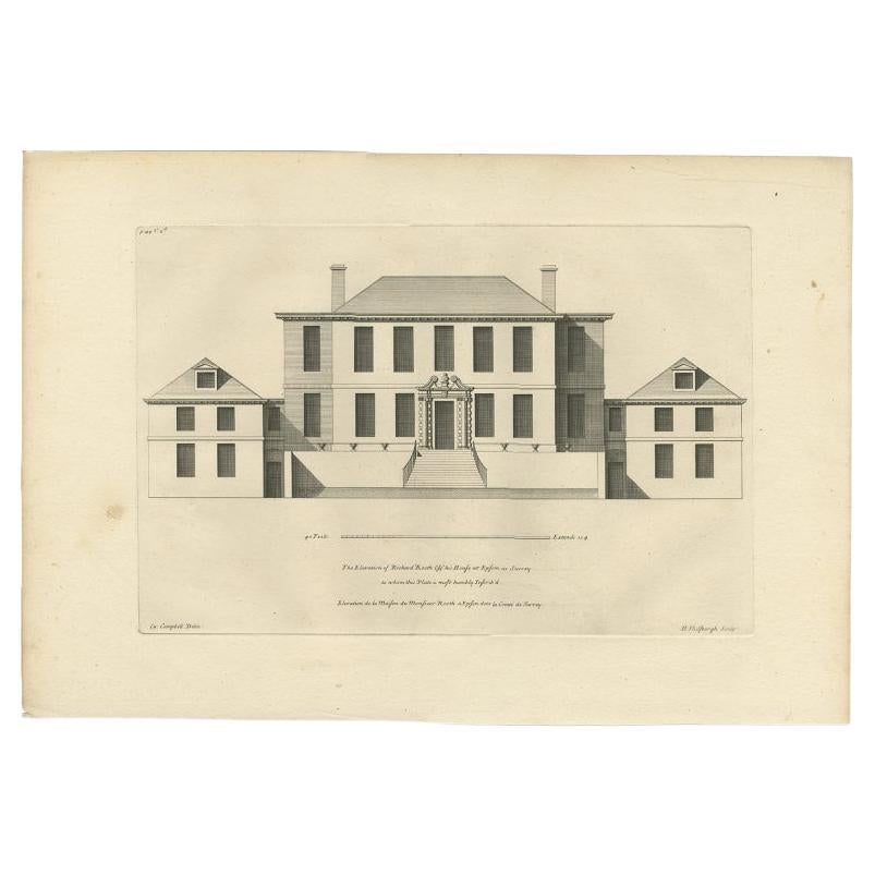 Antique print titled 'The Elevation of Richard Rooth his House at Epsom in Surrey (..)'. 

Elevation of the house of Richard Rooth, The Elms. This print originates from 'Vitruvius Britannicus' by Colen Campbell. Artists and Engravers: Colen