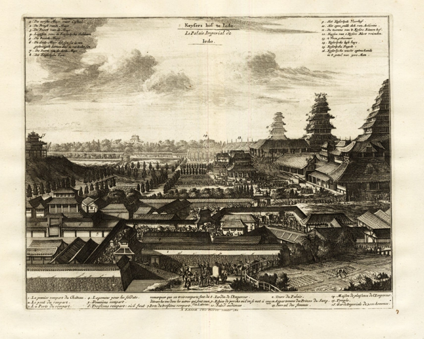 Impression ancienne du palais impérial d'Edo ou de Tokyo au Japon, vers 1725