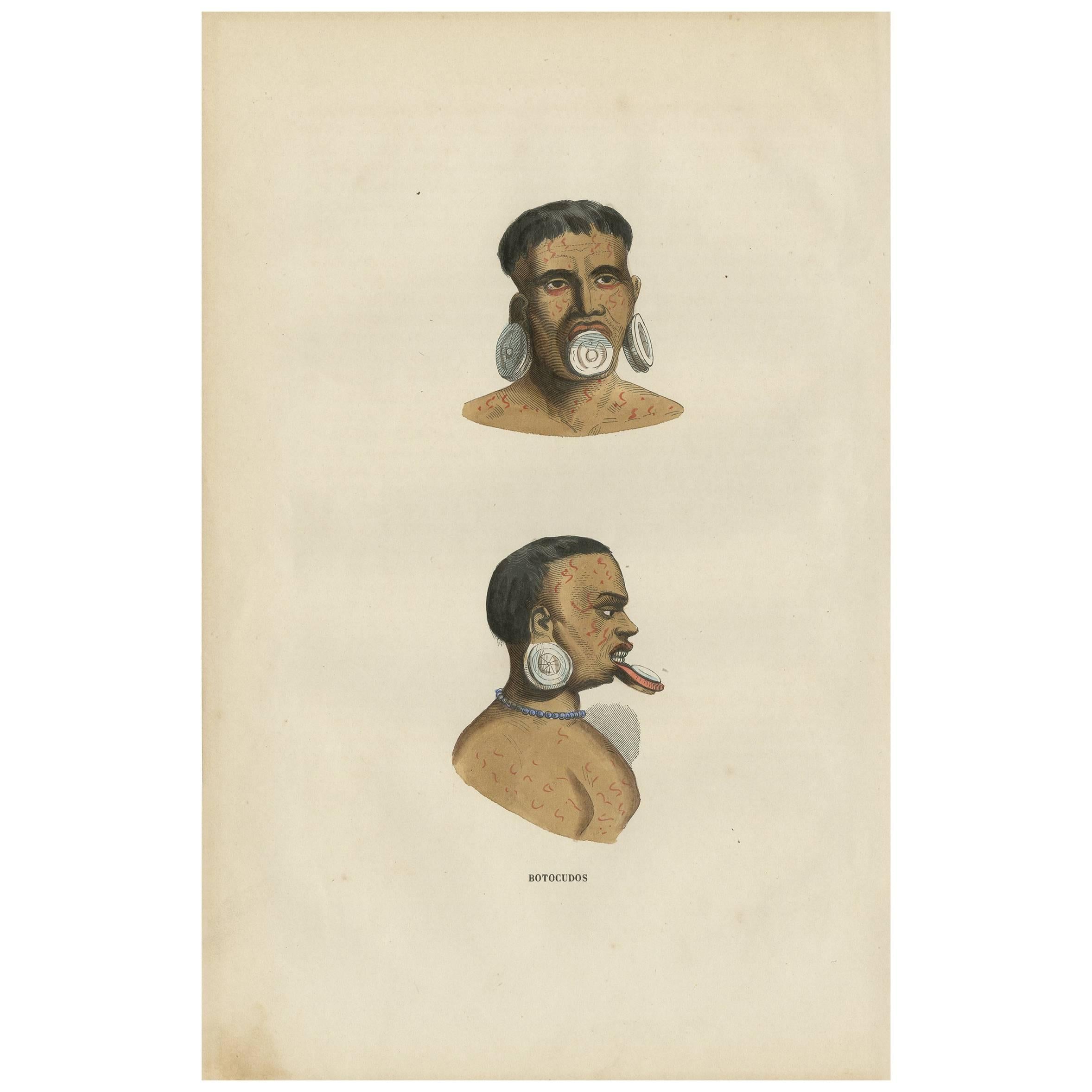 Antiker antiker Druck der indigenen Botocudos aus Brasilien von H. Berghaus, 1855