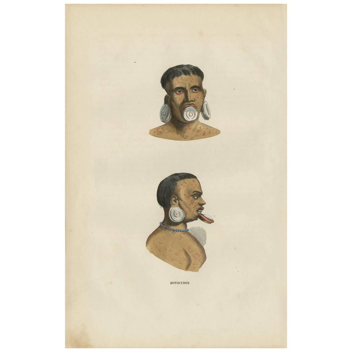 Antique Print of the Indigenous Botocudos of Brazil by H. Berghaus, 1855