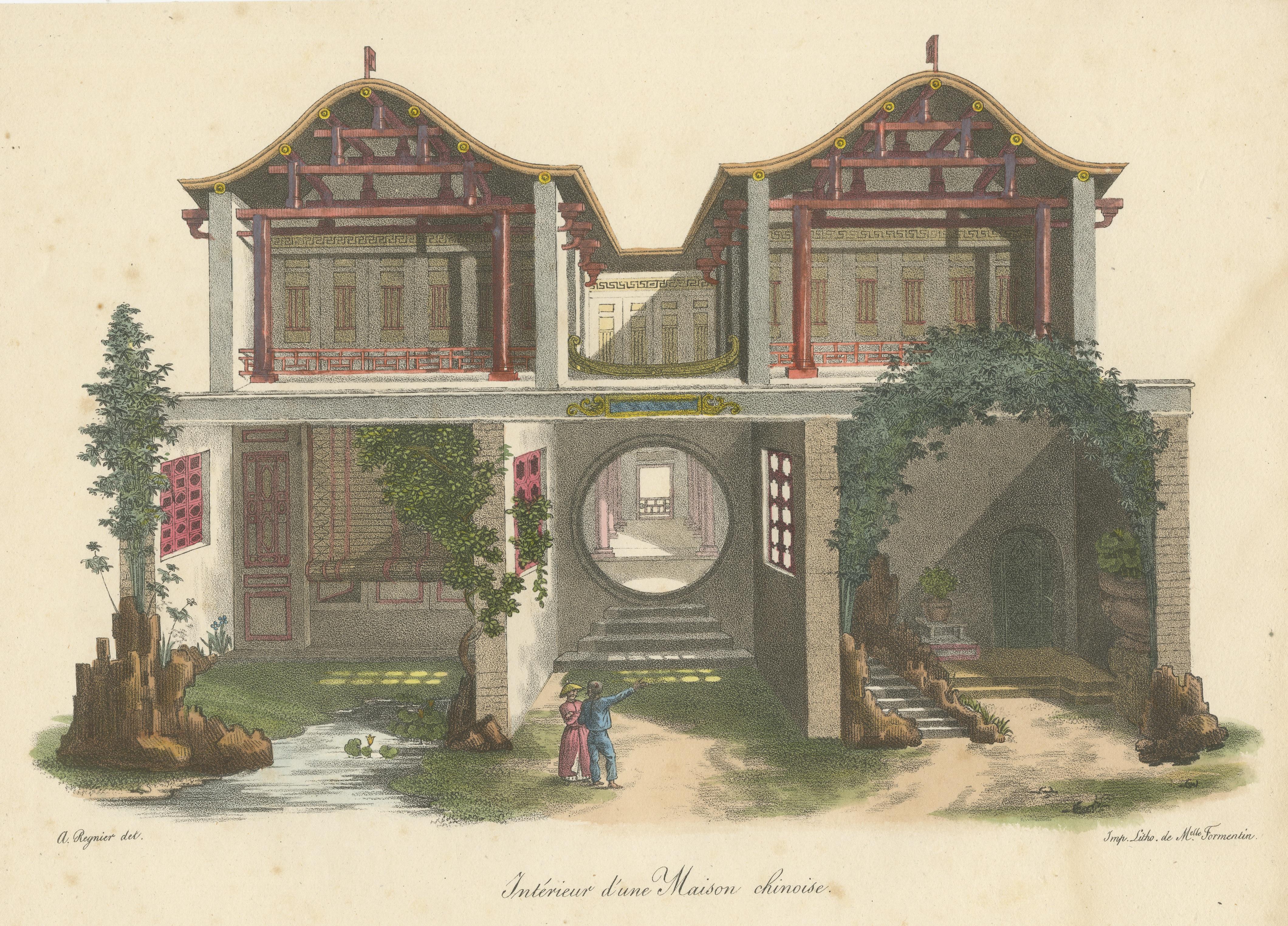 Antique Print of the Interior of a Chinese House In Fair Condition For Sale In Langweer, NL