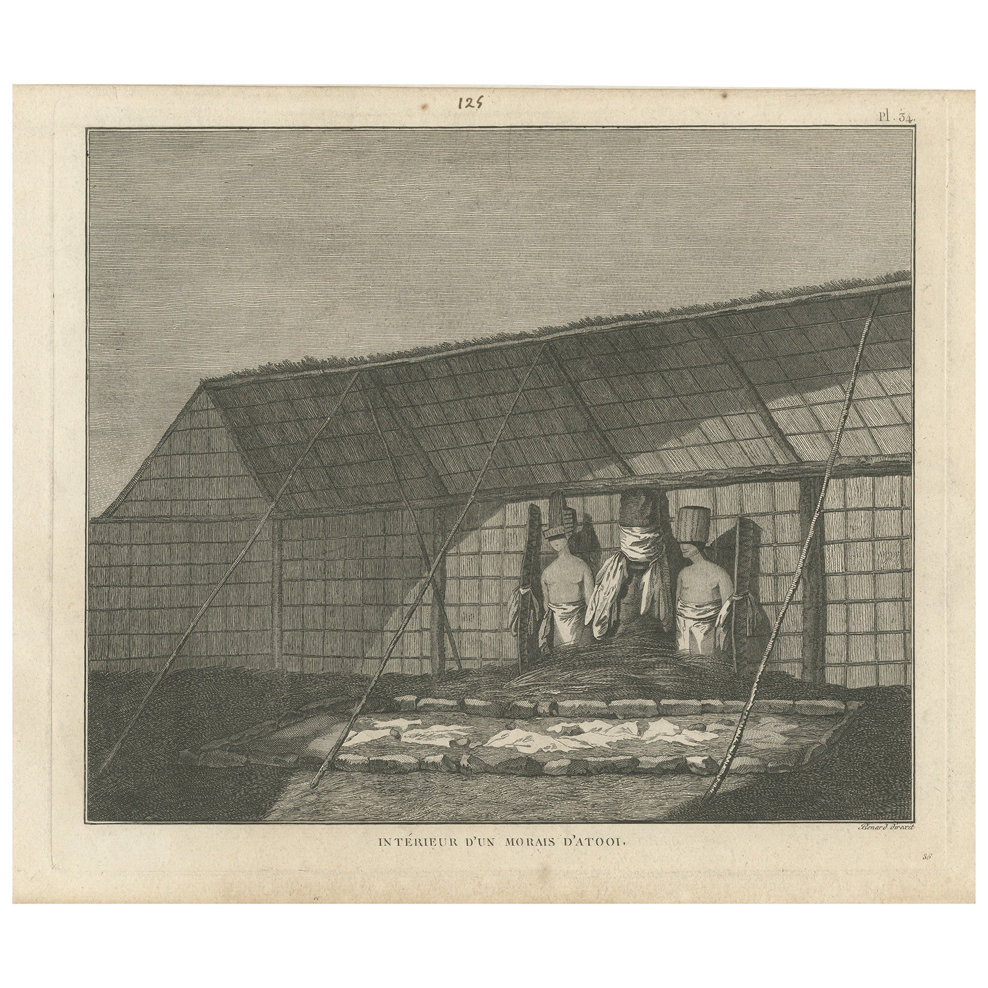 Antique Print of the Interior of a Morai on Kauai Island, Hawaii