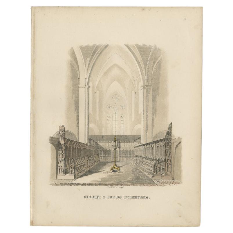 Impression ancienne de l'intérieur de la cathédrale de Lund par Sandberg, c.1864