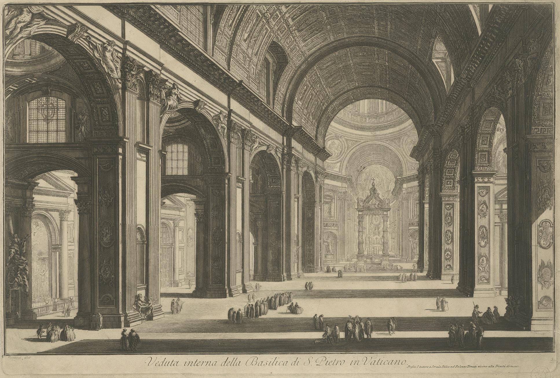 Antiker Druck mit dem Titel 'Veduta interna della Basilica di S. Pietro in Vaticano'. Blick auf das Innere des Petersdoms im Vatikan, Rom. Veröffentlicht nach Piranesi, um 1820.
