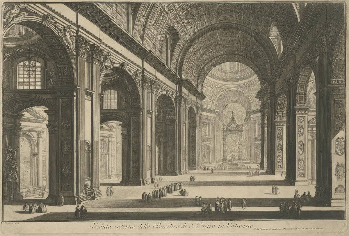 Antique Print of the Interior of St Peter's Basilica in the Vatican, c.1820