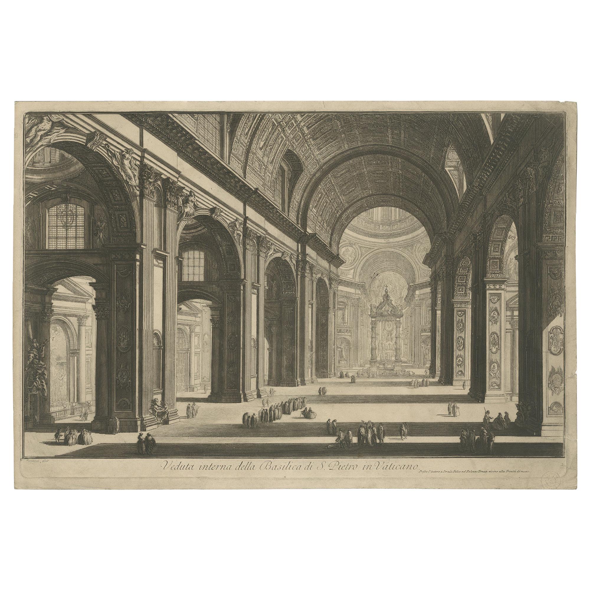 Antique Print of the Interior of St Peter's Basilica in the Vatican, c.1820