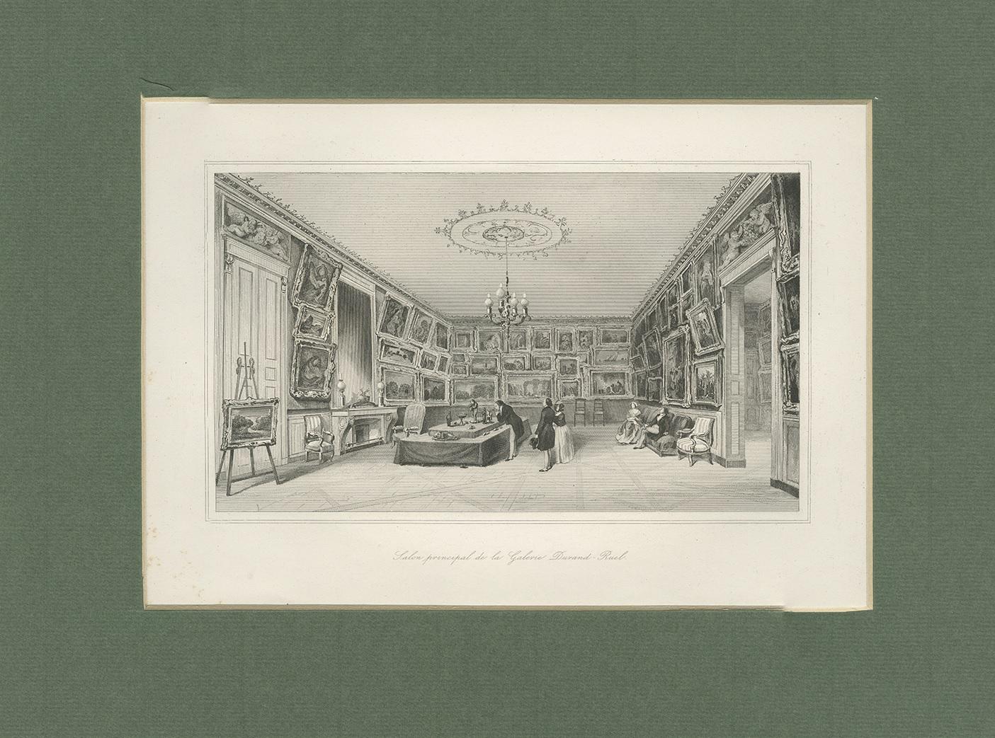 Antique print titled 'Salon principal de la Galerie Durand-Ruel'. This print shows the interior of the gallery of Paul Durand-Ruel. Paul Durand-Ruel (31 October 1831, Paris – 5 February 1922, Paris) was a French art dealer who is associated with the