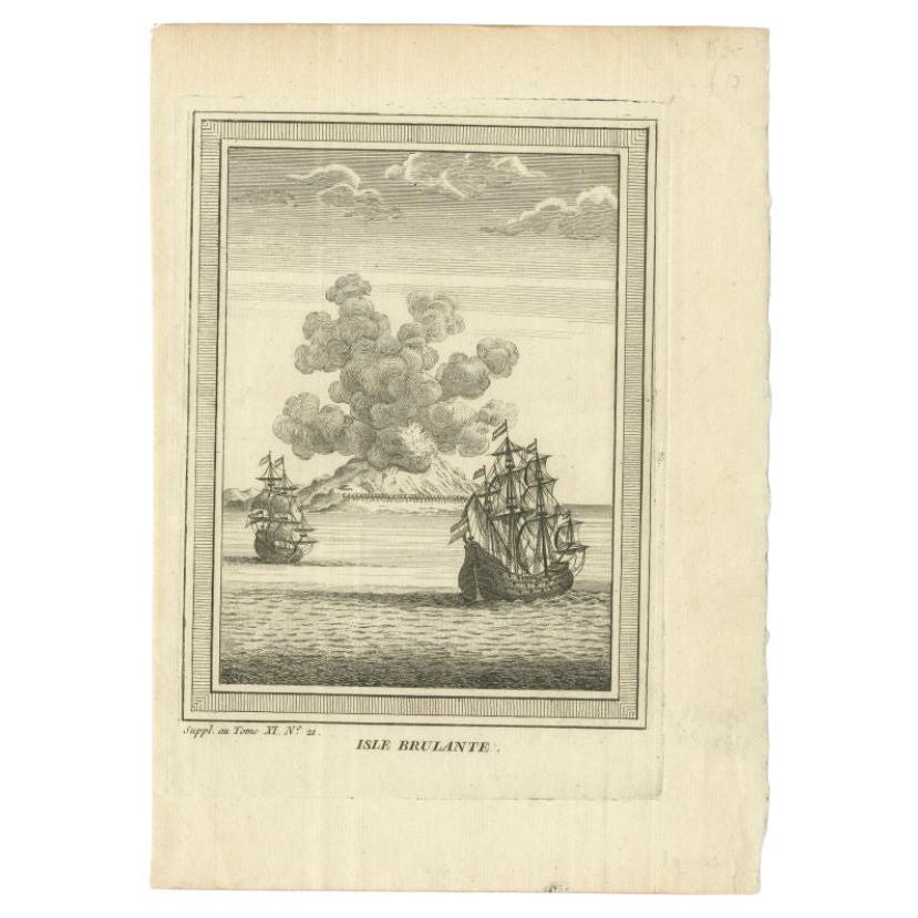 Antique Print of the Island Brulante or Manam Motu Volcano, New Guinea, 1759